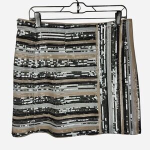 Lumiere Sequins Striped Skirt Black‎ White Silver Nude Back Zipper Size Large